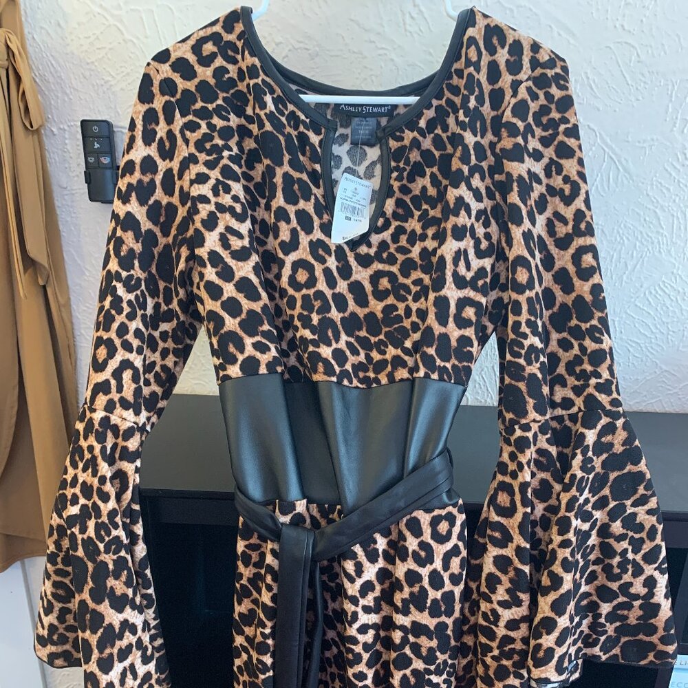 Ashley Stewart Leopard Print Faux Leather Belted Dress (NWT)